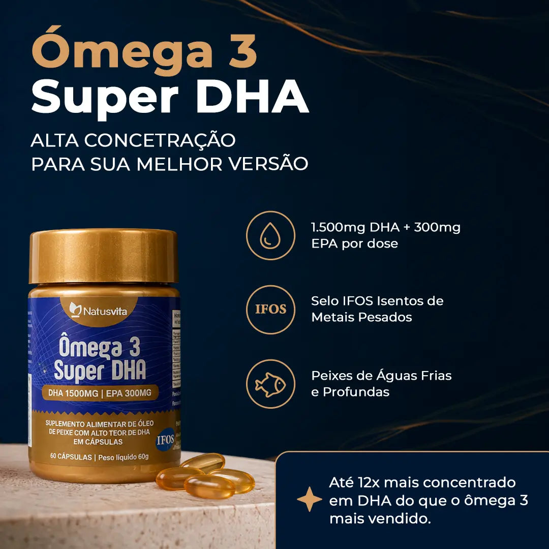 Ômega 3 Super DHA (1500mg de DHA). Importado e Concentrado com Selo IFOS de Procedência. Isento de Metais Pesados NatusVita