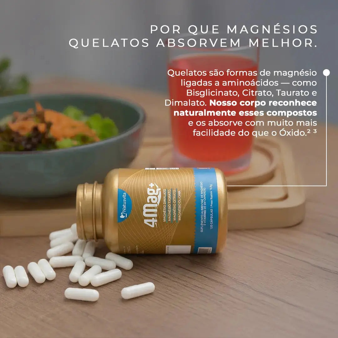 4MAG+ Complexo de Magnésio Quelato 4 em 1 — Bisglicinato Glicina, Dimalato, Citrato e Taurato + Vitamina D3. 120 Cápsulas NatusVita