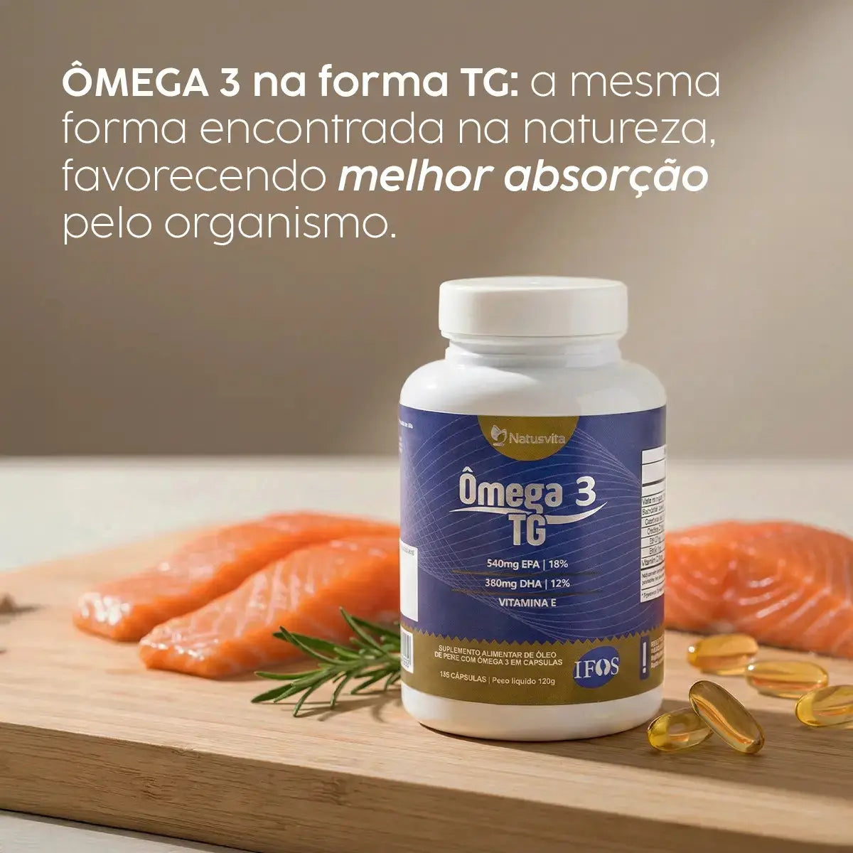Ômega 3 TG Selo IFOS 540mg EPA e 360mg DHA com Vitamina E. Isento de Metais Pesados NatusVita