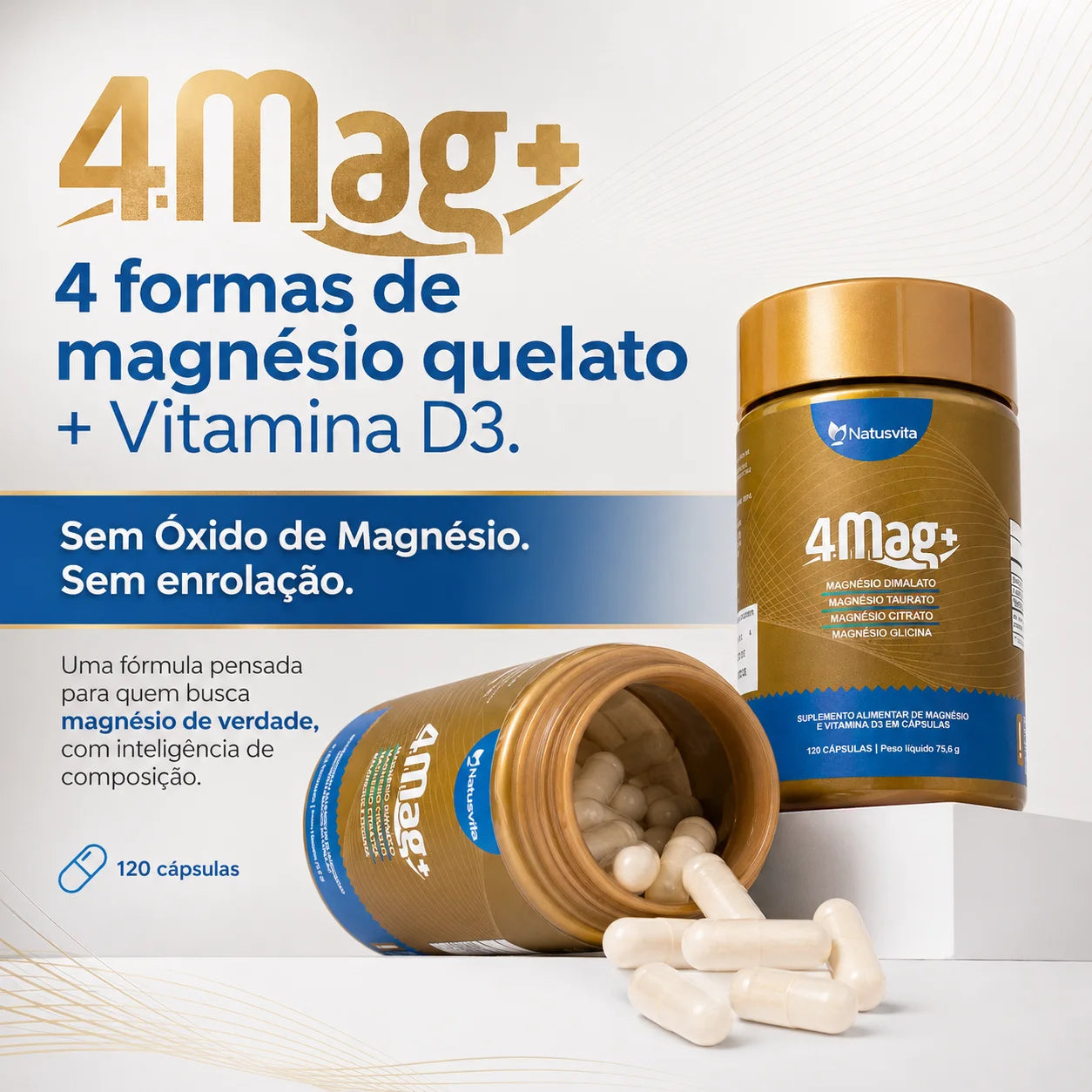 Magnésio Quelato 4 em 1 | 4MAG+ | Bisglicinato, Dimalato, Citrato e Taurato + D3 NatusVita