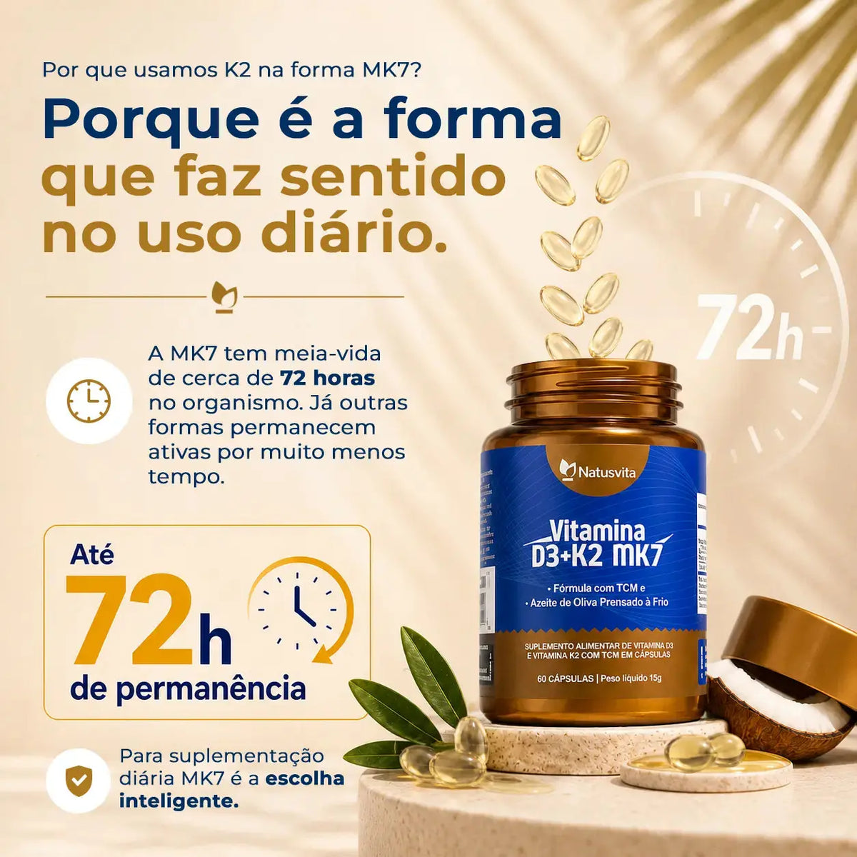 Vitamina D3 2.000UI + K2 MK7 com TCM e Óleo de Oliva em Cápsulas NatusVita