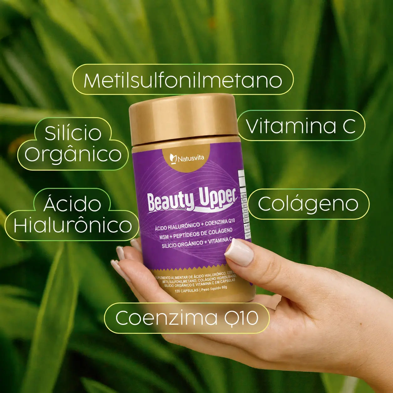 Beauty Upper. 120 cápsulas. (Ácido Hialurônico, Coenzima Q10, Enxofre Orgânico e Silicio Orgânico) NatusVita