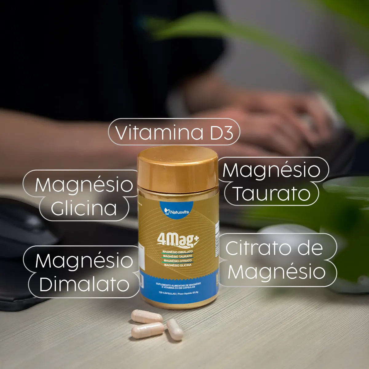 4MAG (Magnésio Glicina, Dimalato, Citrato e L-Taurato) 120 cápsulas