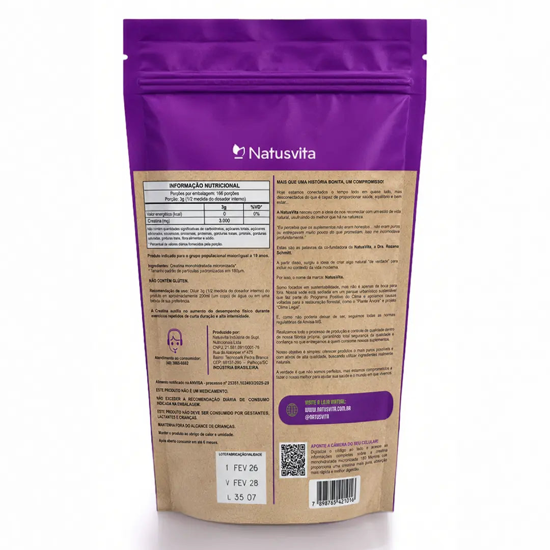 Creatina 100% Pura (500g). Monohidratada e Micronizada 180 mícrons. Livre de Metais Pesados NatusVita
