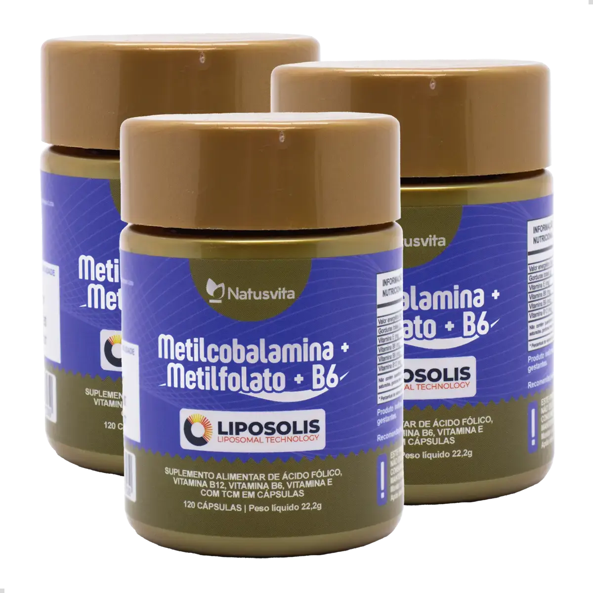 Metilcobalamina B12 + Metilfolato + Vitamina B6 ativa. Tecnologia Lipossomal. Cápsulas softgel NatusVita