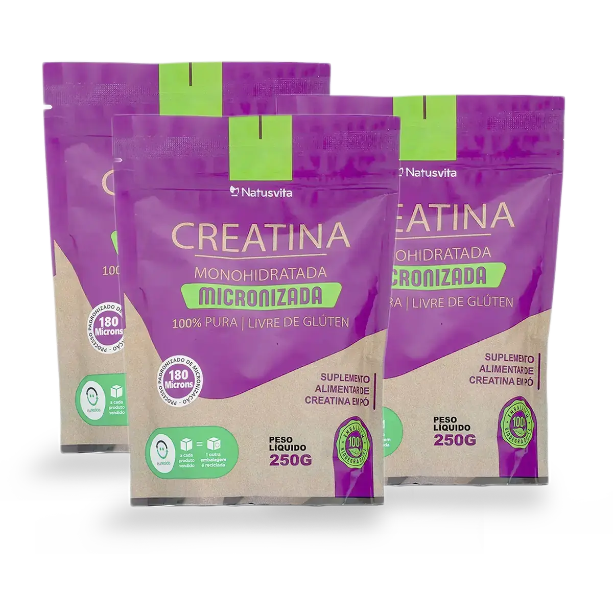Creatina 100% Pura (250g). Monohidratada e Micronizada 180 mícrons. Livre de Metais Pesados NatusVita