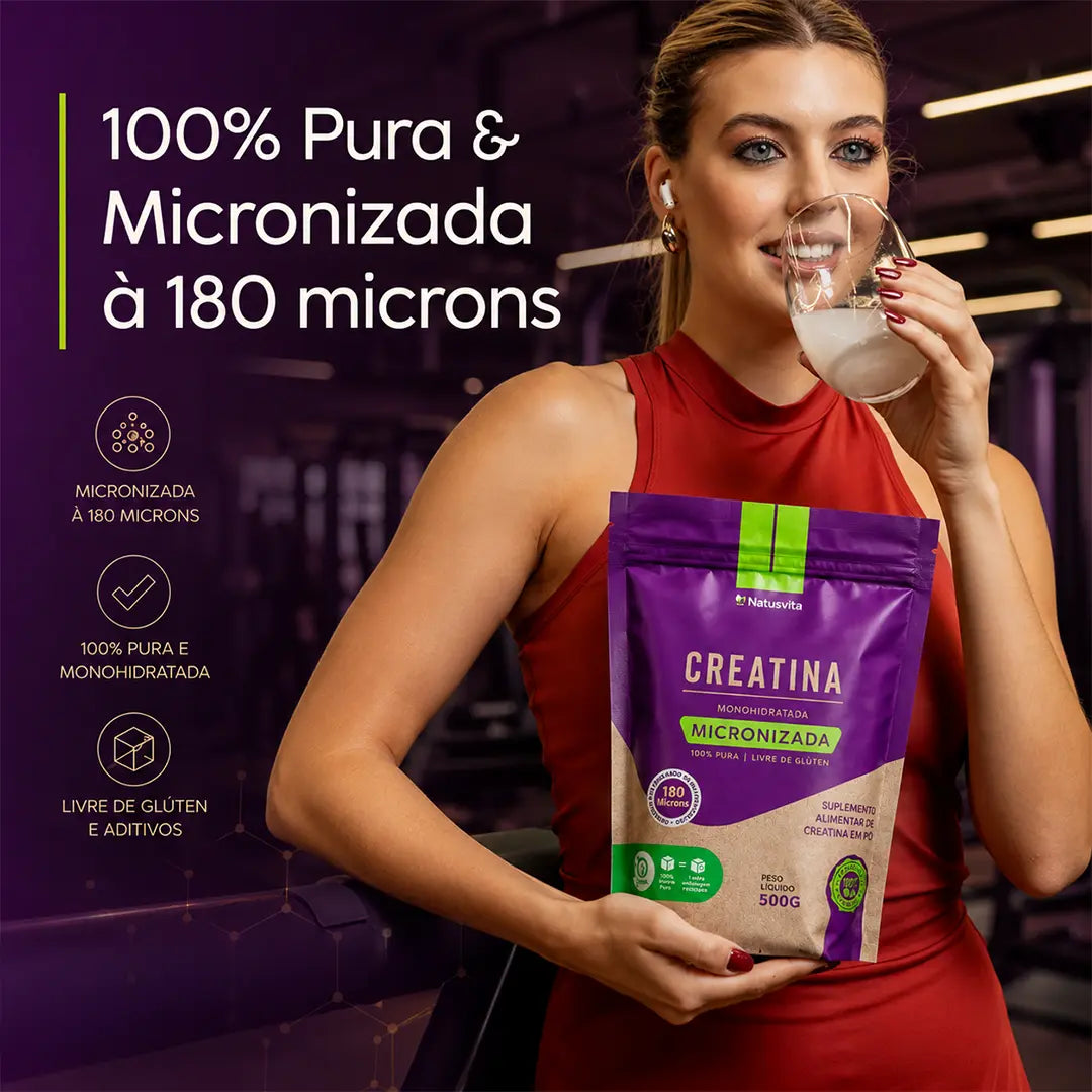 Creatina 100% Pura (500g). Monohidratada e Micronizada 180 mícrons. Livre de Metais Pesados NatusVita
