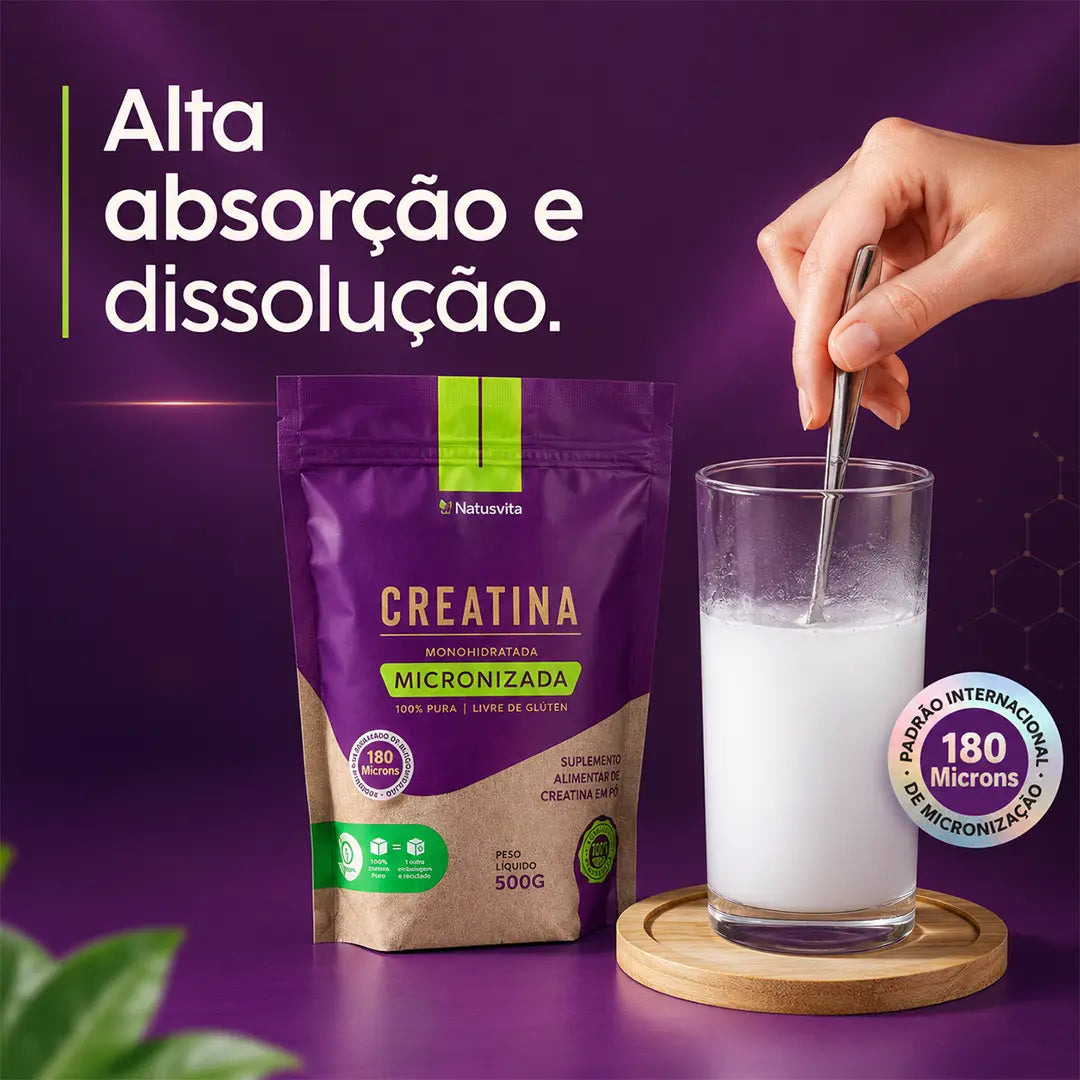Creatina 100% Pura (500g). Monohidratada e Micronizada 180 mícrons. Livre de Metais Pesados NatusVita