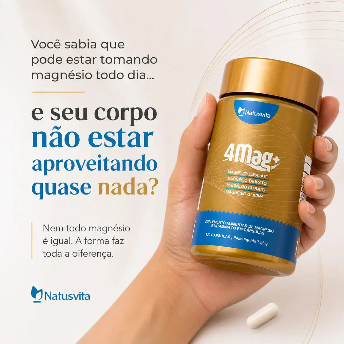 Magnésio Quelato 4 em 1 | 4MAG+ | Bisglicinato, Dimalato, Citrato e Taurato + D3 NatusVita