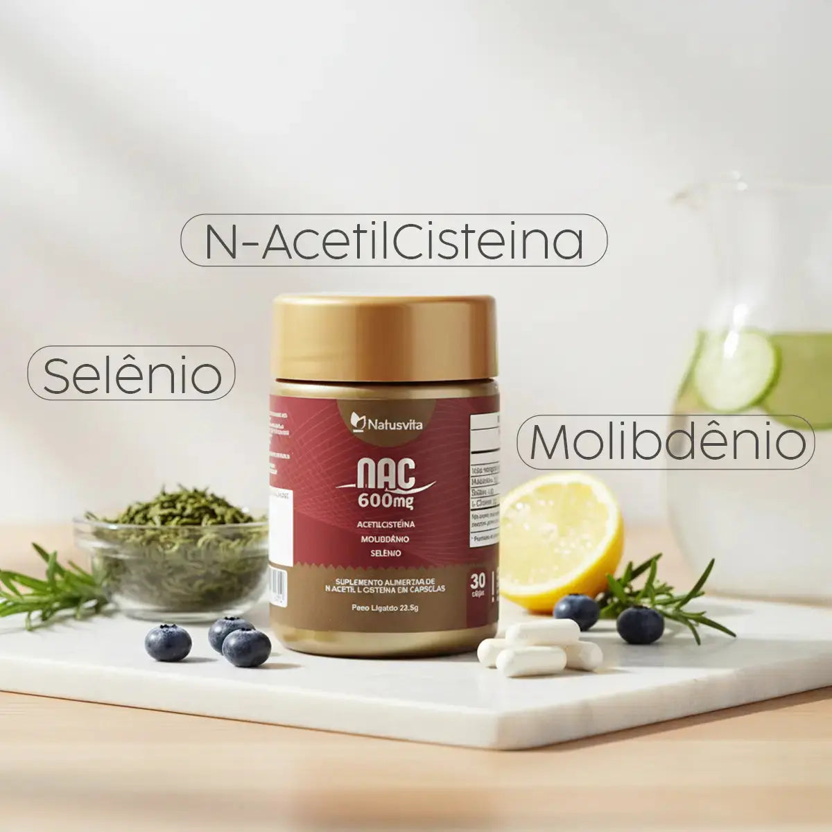 NAC (N-Acetil Cisteína 600mg) com Molibdênio e Selênio em Cápsulas NatusVita