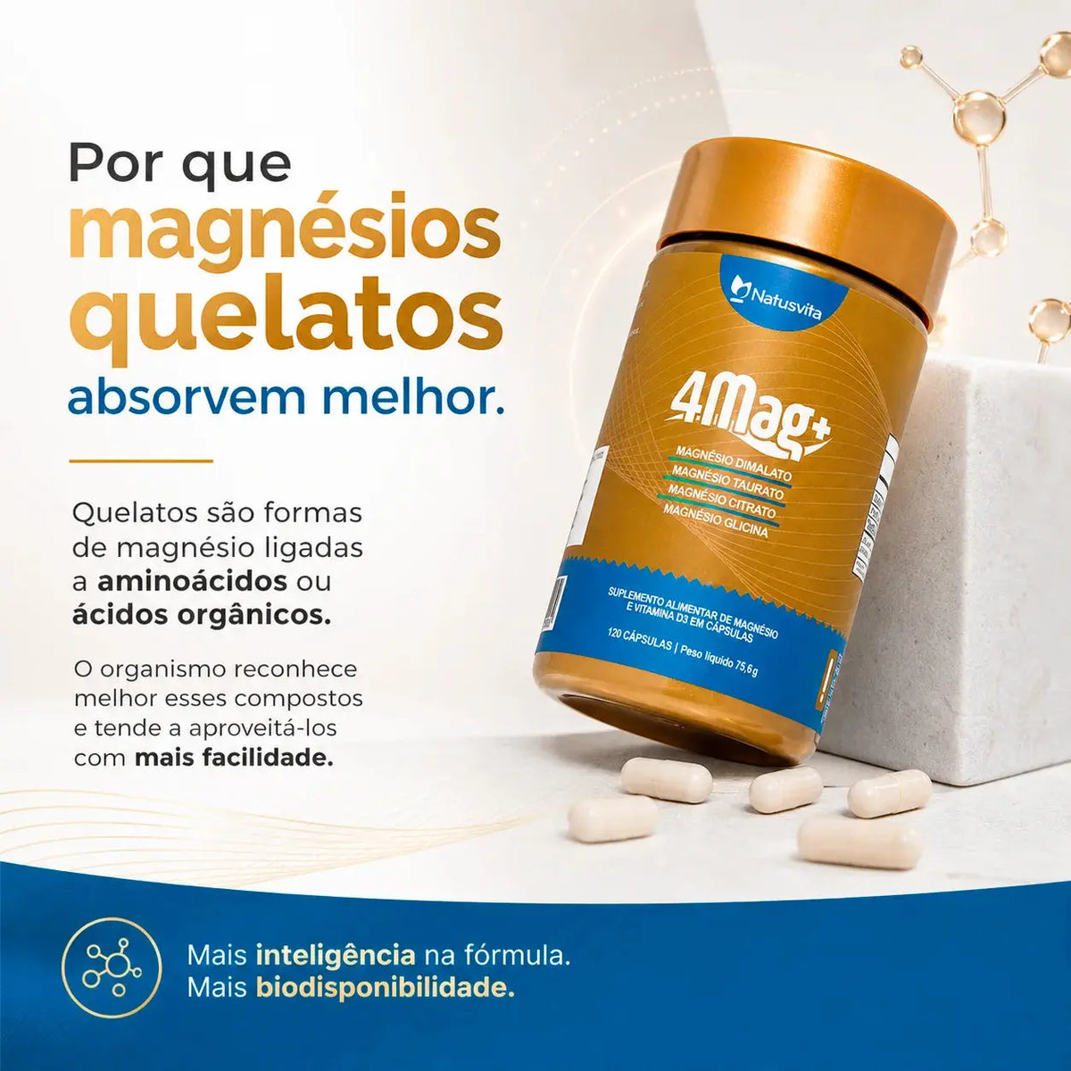 Magnésio Quelato 4 em 1 | 4MAG+ | Bisglicinato, Dimalato, Citrato e Taurato + D3 NatusVita