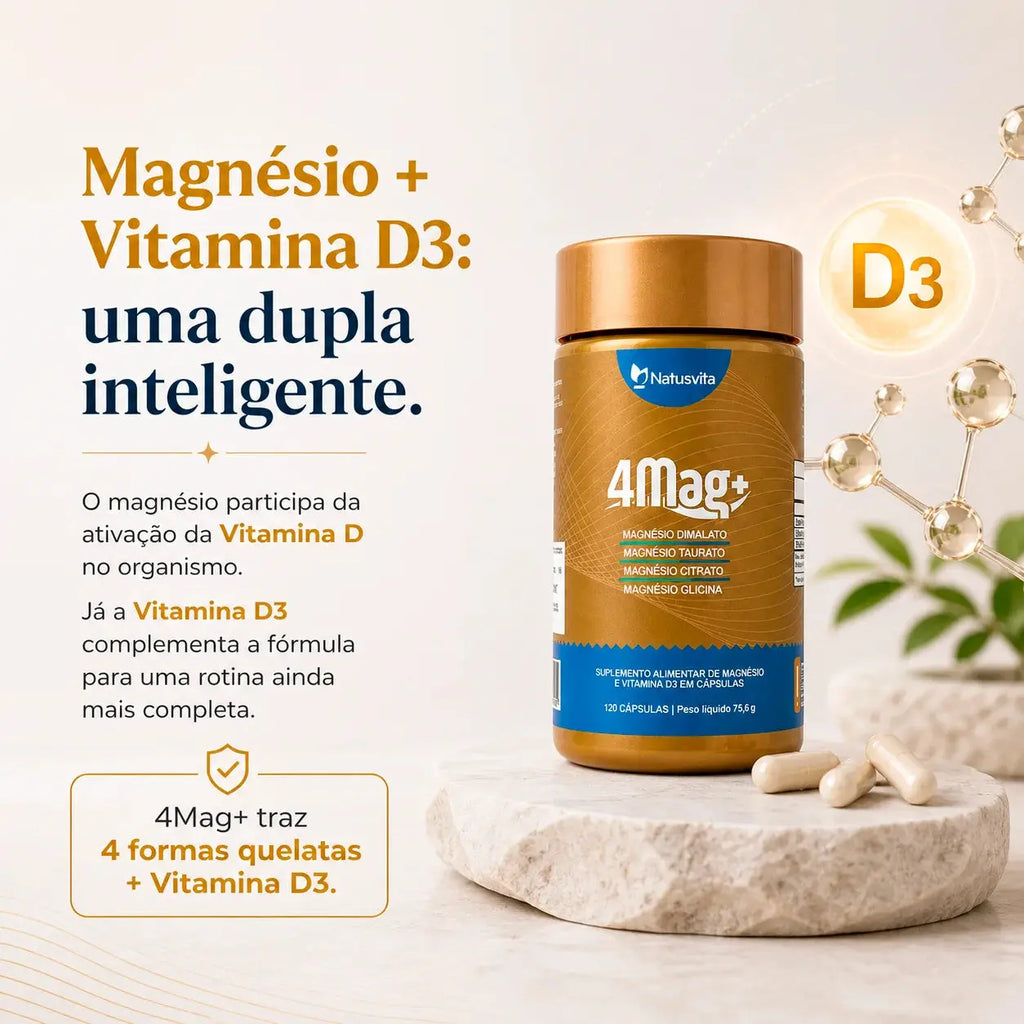 Magnésio Quelato 4 em 1 | 4MAG+ | Bisglicinato, Dimalato, Citrato e Taurato + D3 NatusVita