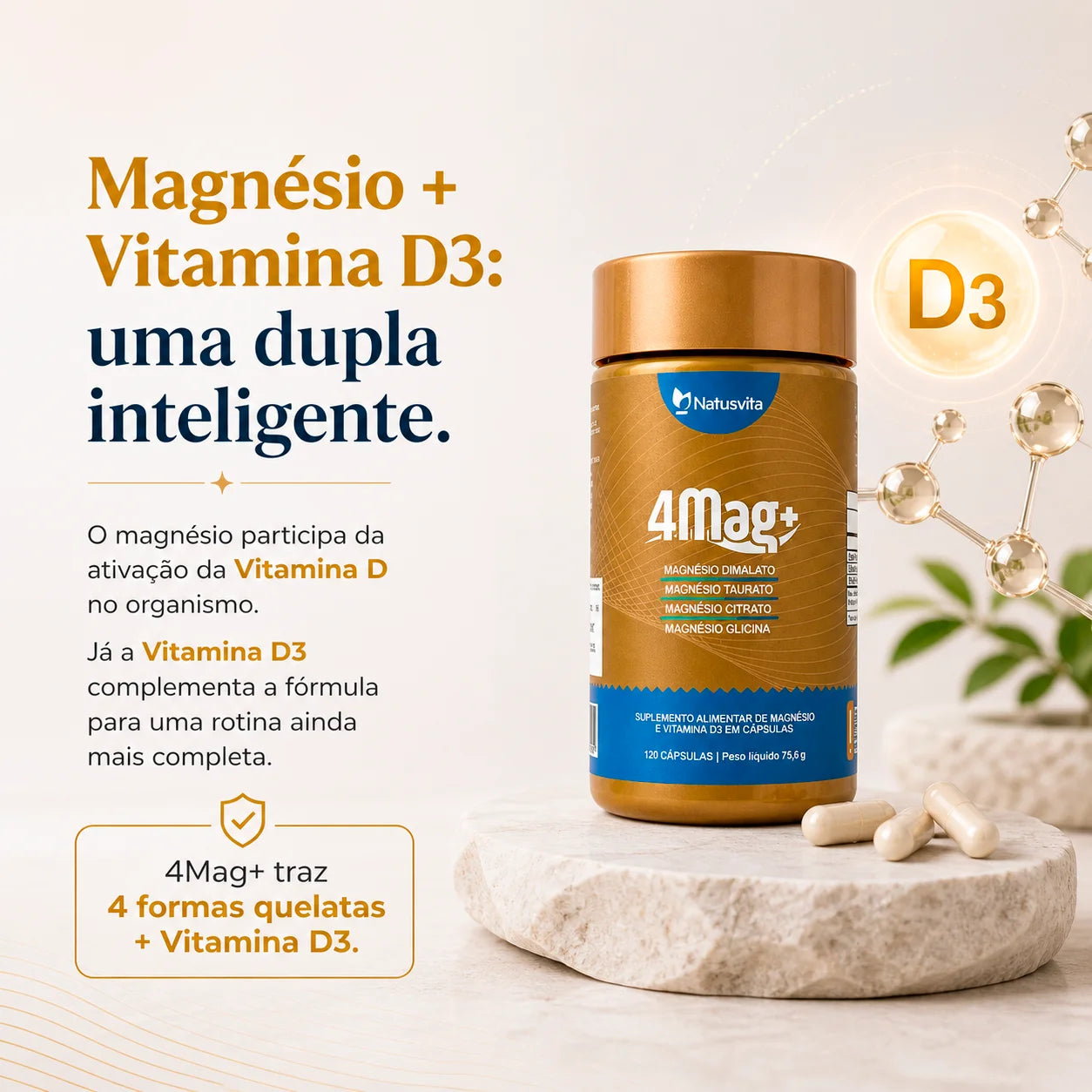 Magnésio Quelato 4 em 1 | 4MAG+ | Bisglicinato, Dimalato, Citrato e Taurato + D3 NatusVita