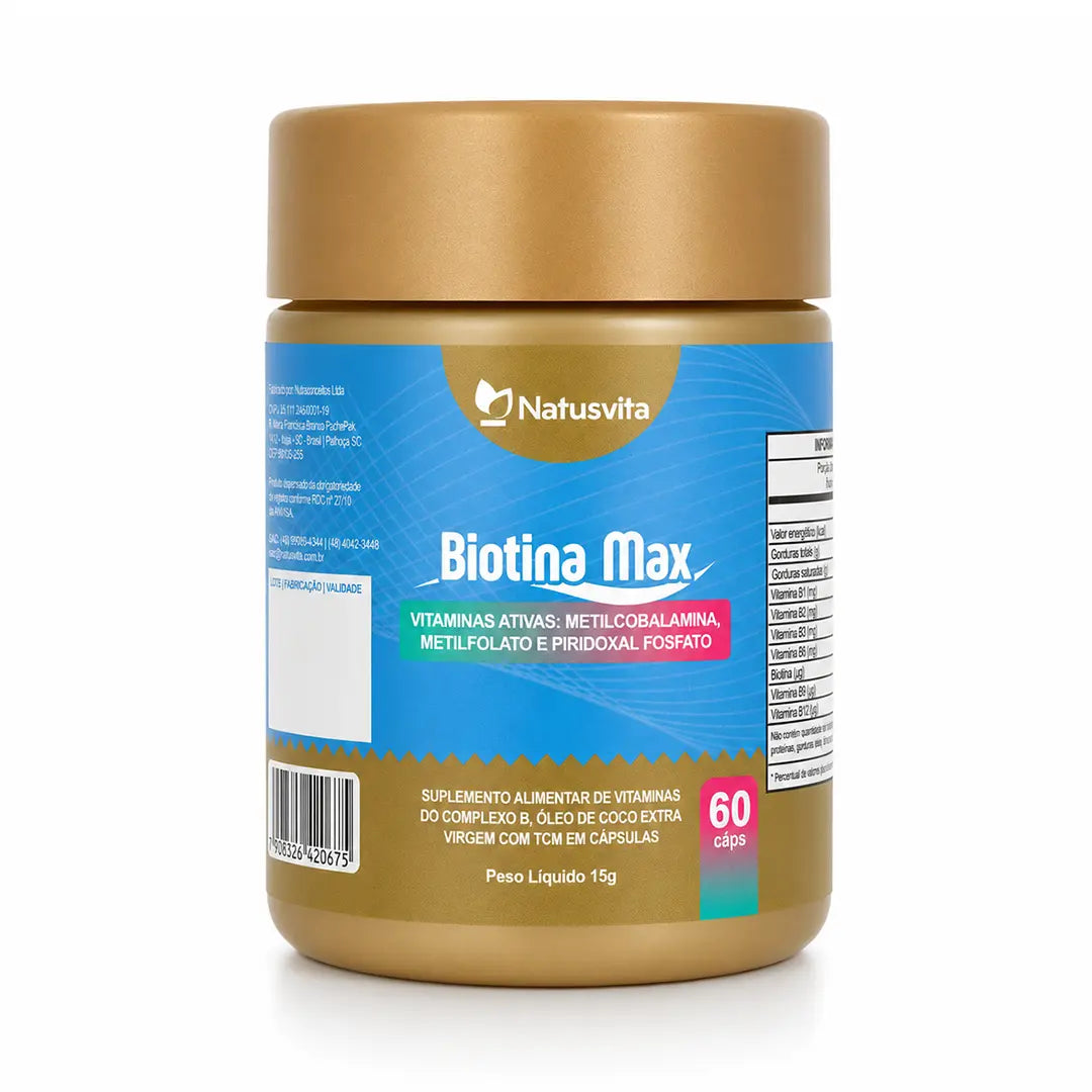 Biotina Max (Vitaminas Ativas - B1 B2 B3 B5 B6 B9 B12, Óleo de coco com TCM) Cápsulas Softgel NatusVita