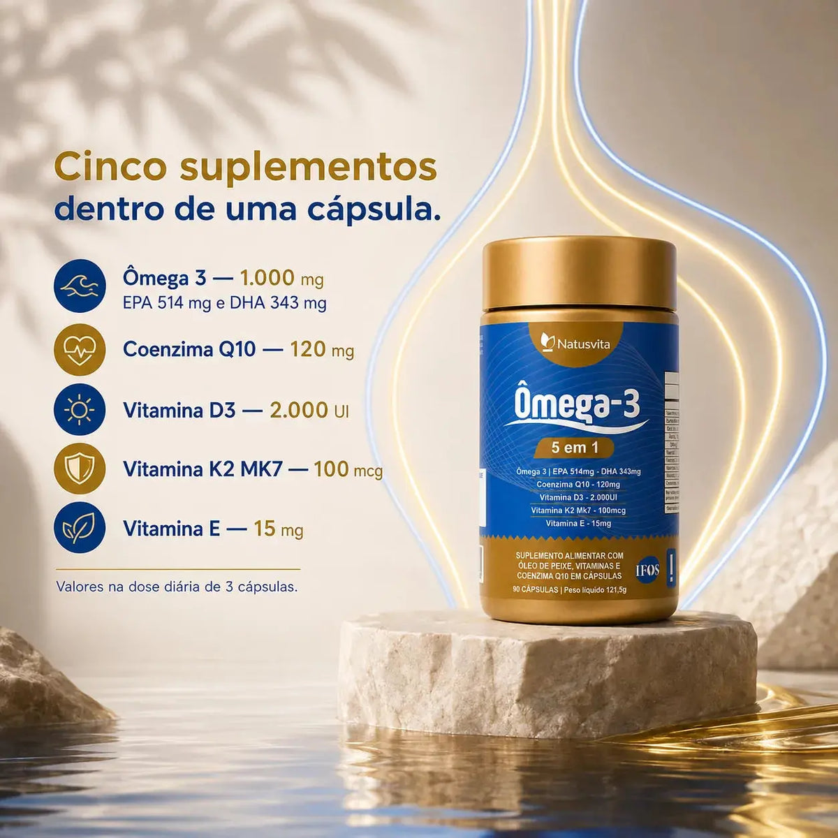 Ômega 5 em 1. Ômega 3 + Coenzima Q10 + Vitamina D3 + K2 Mk7 + Vitamina E. 90 cápsulas. Selo IFOS NatusVita Suplementos