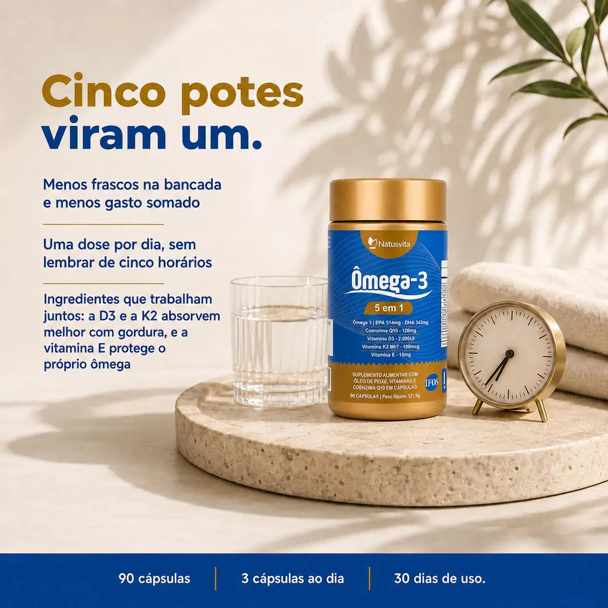 Ômega 5 em 1. Ômega 3 + Coenzima Q10 + Vitamina D3 + K2 Mk7 + Vitamina E. 90 cápsulas. Selo IFOS NatusVita Suplementos