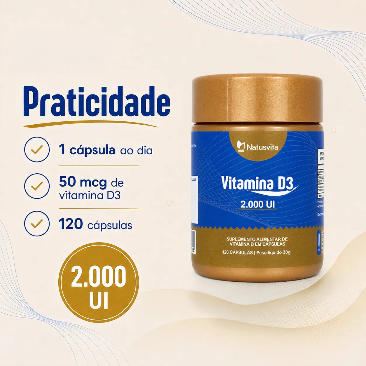 Vitamina D3 2.000 UI. Colecalciferol. 120 cápsulas. NatusVita