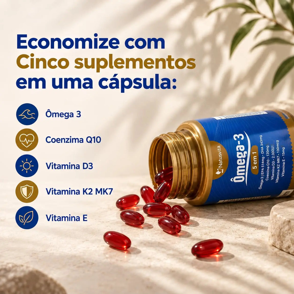 Ômega 5 em 1. Ômega 3 + Coenzima Q10 + Vitamina D3 + K2 Mk7 + Vitamina E. 90 cápsulas. Selo IFOS NatusVita Suplementos