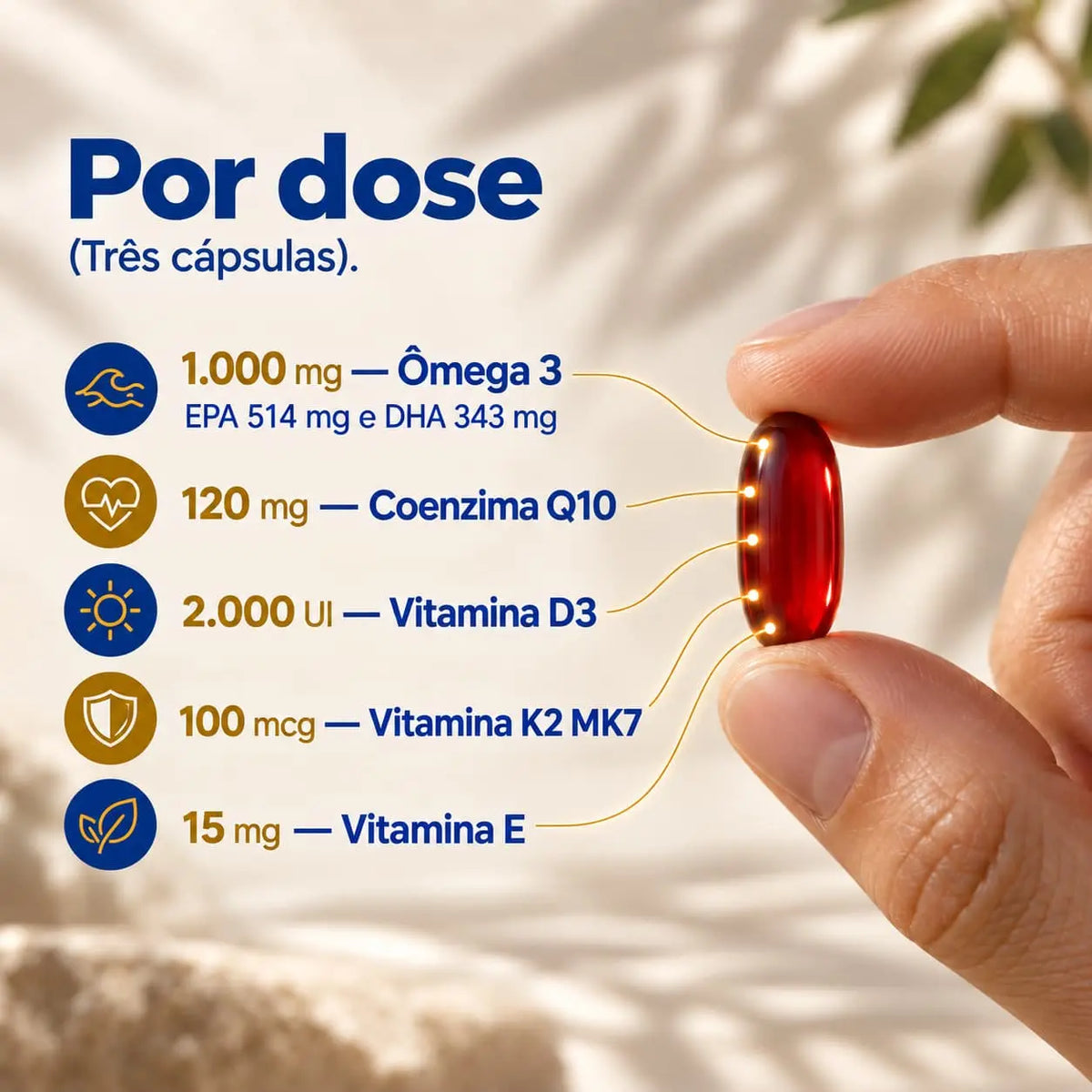 Ômega 5 em 1. Ômega 3 + Coenzima Q10 + Vitamina D3 + K2 Mk7 + Vitamina E. 90 cápsulas. Selo IFOS NatusVita Suplementos