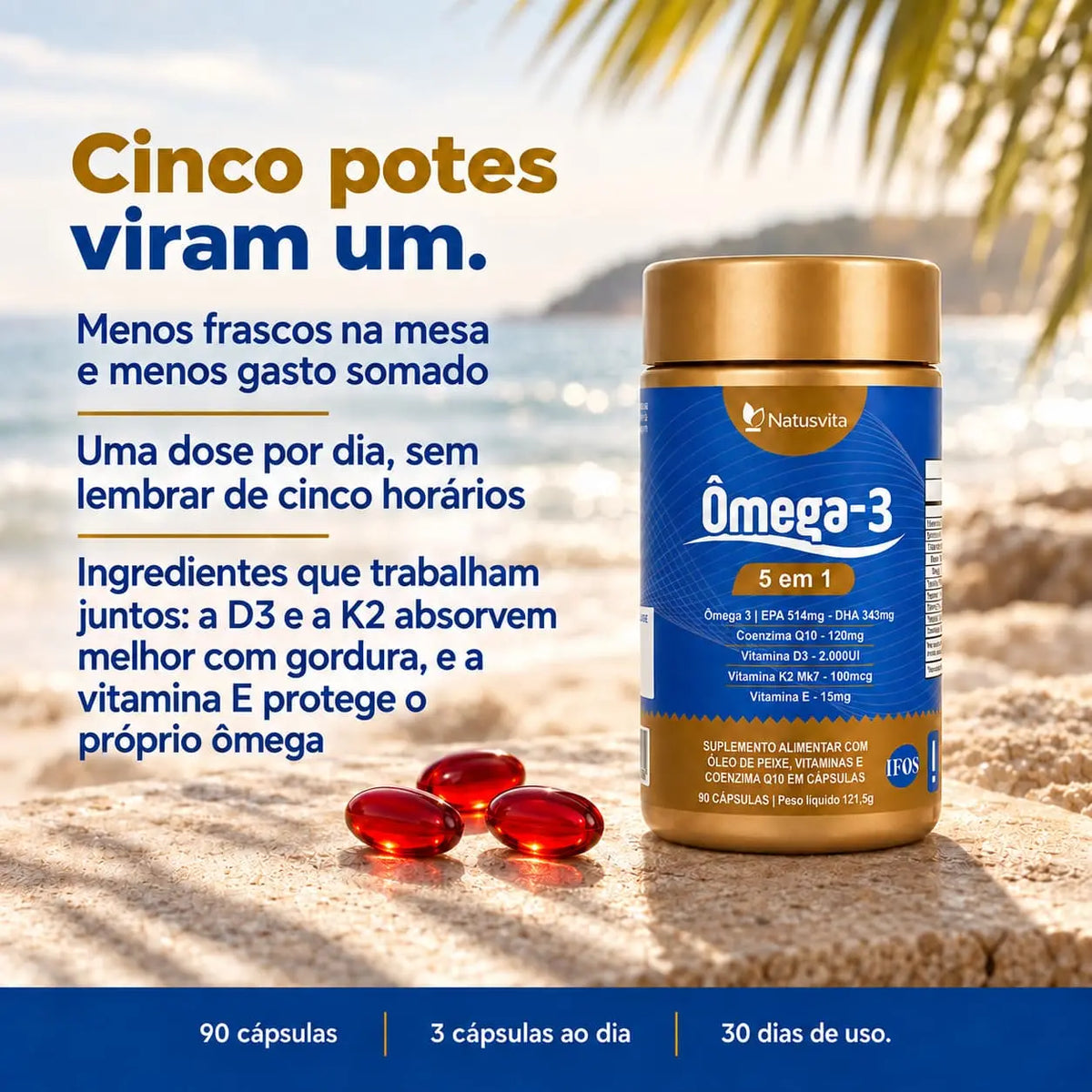 Ômega 5 em 1. Ômega 3 + Coenzima Q10 + Vitamina D3 + K2 Mk7 + Vitamina E. 90 cápsulas. Selo IFOS NatusVita Suplementos