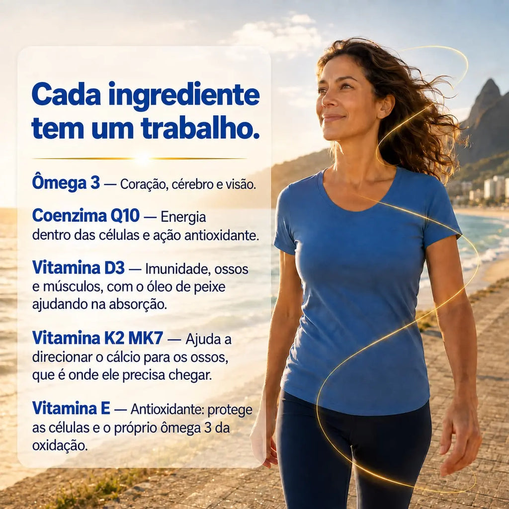 Ômega 5 em 1. Ômega 3 + Coenzima Q10 + Vitamina D3 + K2 Mk7 + Vitamina E. 90 cápsulas. Selo IFOS NatusVita Suplementos