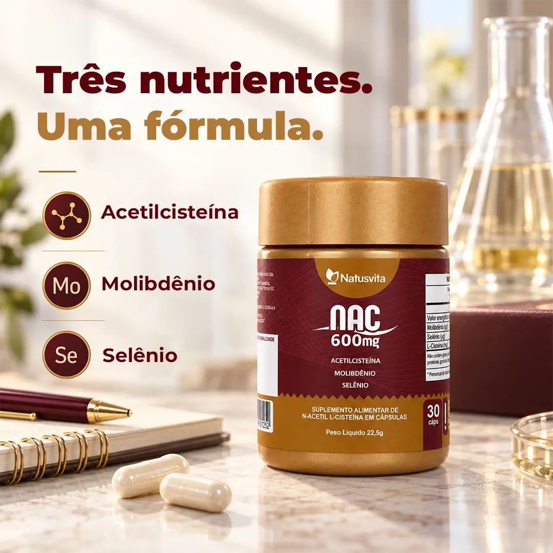 NAC (N-Acetil Cisteína 600mg) com Molibdênio e Selênio em Cápsulas NatusVita