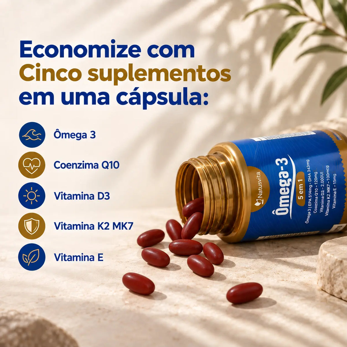 Ômega 5 em 1. Ômega 3 + Coenzima Q10 + Vitamina D3 + K2 Mk7 + Vitamina E. 90 cápsulas. Selo IFOS NatusVita Suplementos