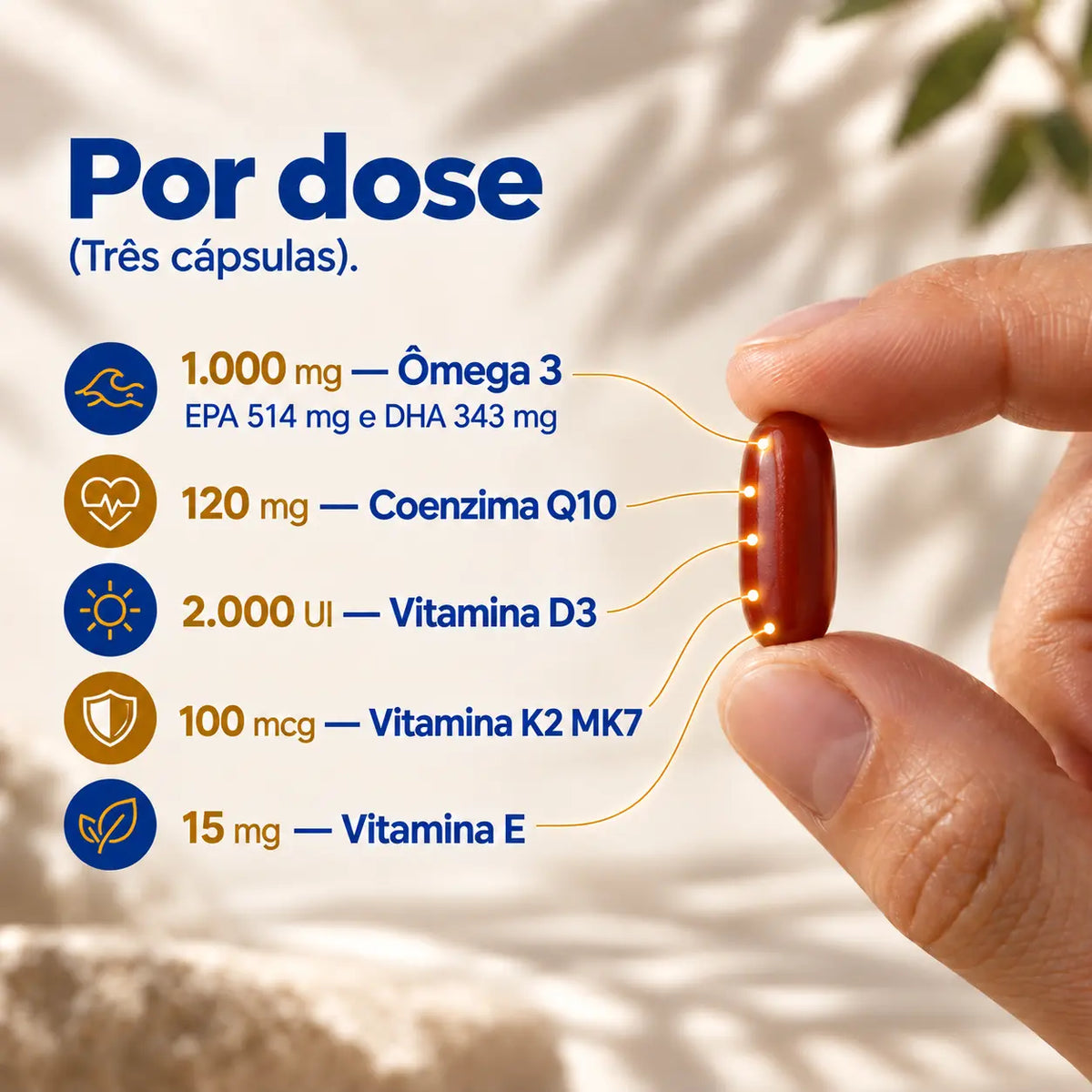 Ômega 5 em 1. Ômega 3 + Coenzima Q10 + Vitamina D3 + K2 Mk7 + Vitamina E. 90 cápsulas. Selo IFOS NatusVita Suplementos