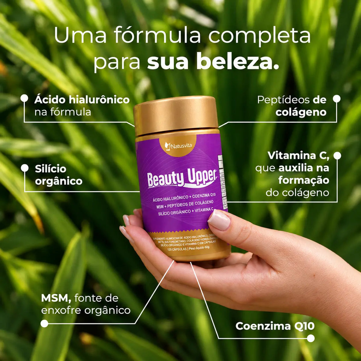 Beauty Upper. 120 cápsulas. (Ácido Hialurônico, Coenzima Q10, Enxofre Orgânico e Silicio Orgânico) NatusVita