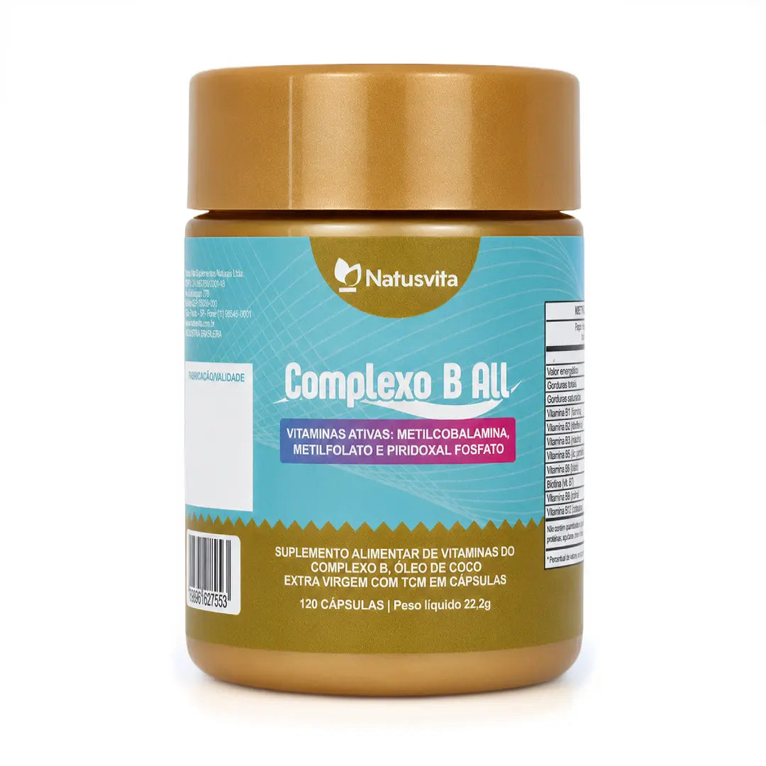 Complexo B All. 120 cápsulas. Vitamina B1, B2, B3, B5, B6, B7, B9 e B12 com TCM e Óleo de Coco Softgel NatusVita