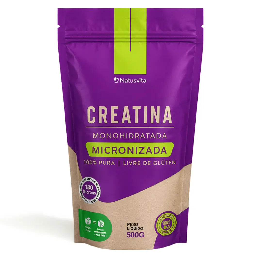Creatina 100% Pura (500g). Monohidratada e Micronizada 180 mícrons. Livre de Metais Pesados NatusVita