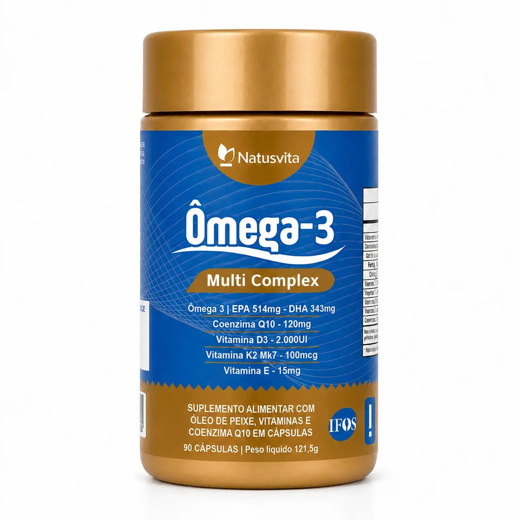 Ômega 5 em 1. Ômega 3 + Coenzima Q10 + Vitamina D3 + K2 Mk7 + Vitamina E. 90 cápsulas. Selo IFOS NatusVita Suplementos
