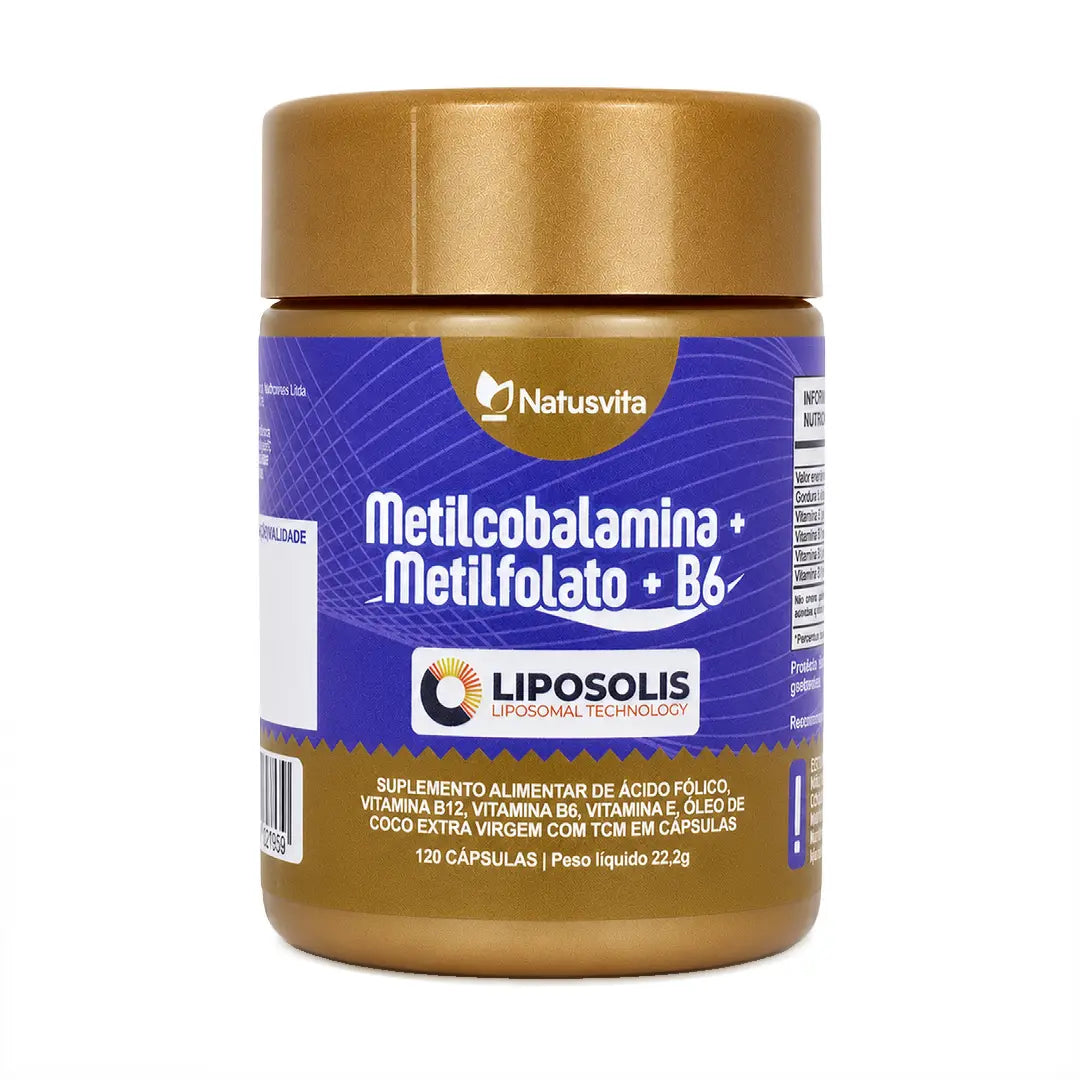 Metilcobalamina B12 + Metilfolato + Vitamina B6 ativa. Tecnologia Lipossomal. Cápsulas softgel NatusVita