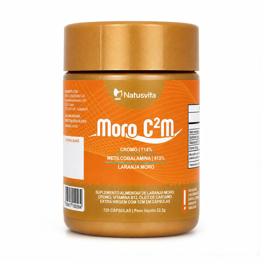 Moro C2M. 120 cápsulas. Laranja Moro, Óleo de Cártamo Prensado a Frio, Picolinato de Cromo e B12. NatusVita