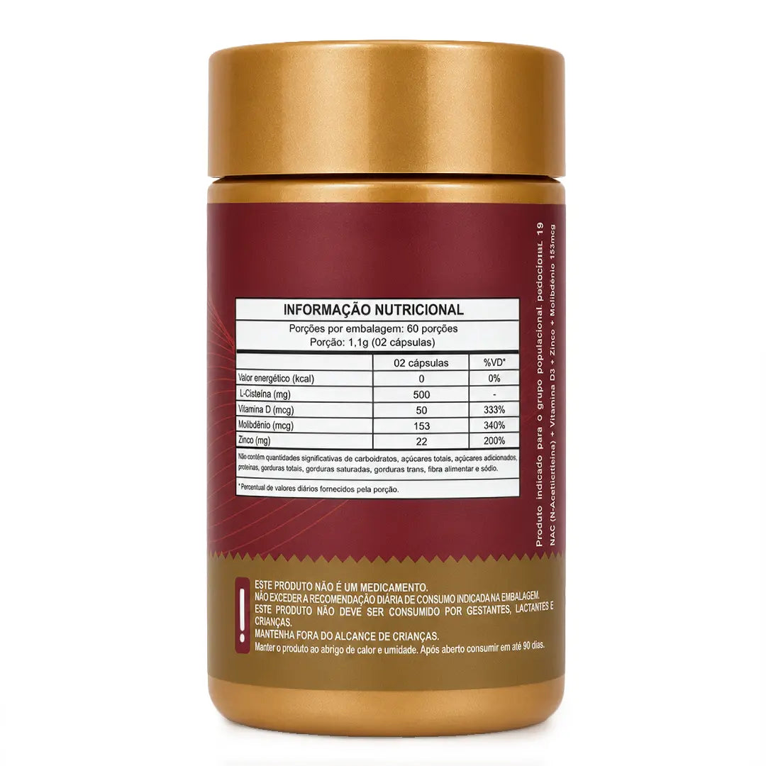 NAC. 120 cápsulas. (N-Acetil Cisteína) com Zinco Quelato, Vitamina D3 e Molibdênio NatusVita