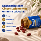 Ômega 5 em 1. Ômega 3 + Coenzima Q10 + Vitamina D3 + K2 Mk7 + Vitamina E. 90 cápsulas. Selo IFOS NatusVita Suplementos