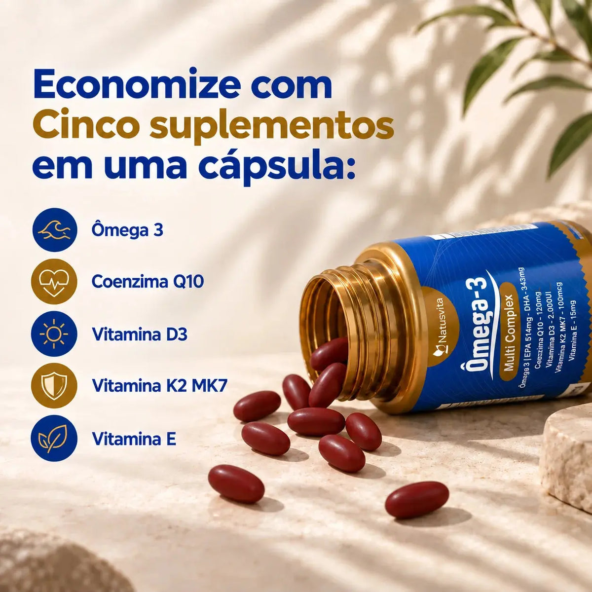 Ômega 5 em 1. Ômega 3 + Coenzima Q10 + Vitamina D3 + K2 Mk7 + Vitamina E. 90 cápsulas. Selo IFOS NatusVita Suplementos