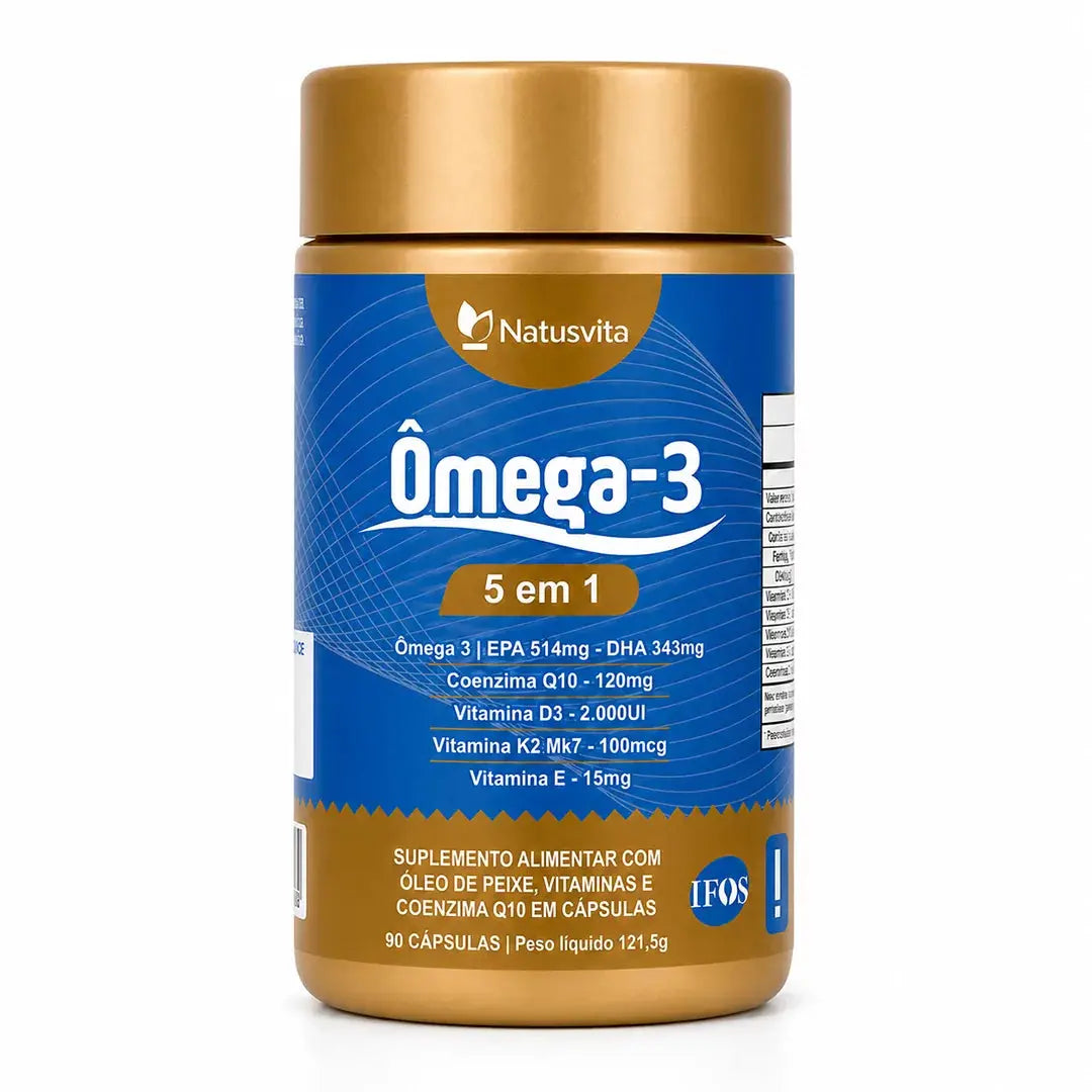 Ômega 5 em 1. Ômega 3 + Coenzima Q10 + Vitamina D3 + K2 Mk7 + Vitamina E. 90 cápsulas. Selo IFOS NatusVita Suplementos