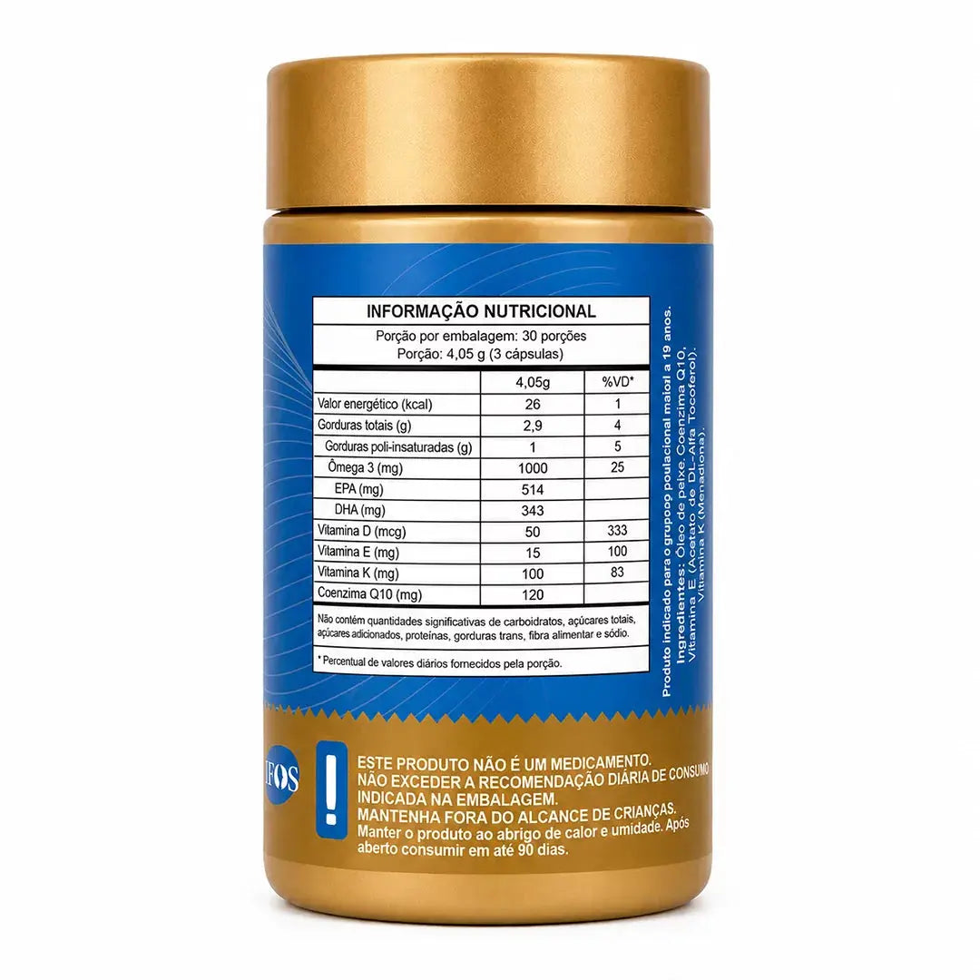 Ômega 5 em 1. Ômega 3 + Coenzima Q10 + Vitamina D3 + K2 Mk7 + Vitamina E. 90 cápsulas. Selo IFOS NatusVita Suplementos