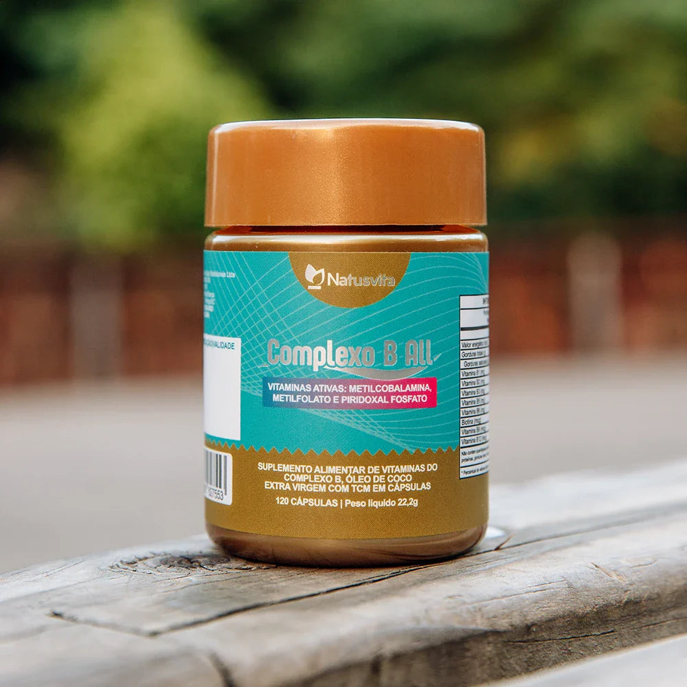Complexo B All. 120 cápsulas. Vitamina B1, B2, B3, B5, B6, B7, B9 e B12 com TCM e Óleo de Coco Softgel