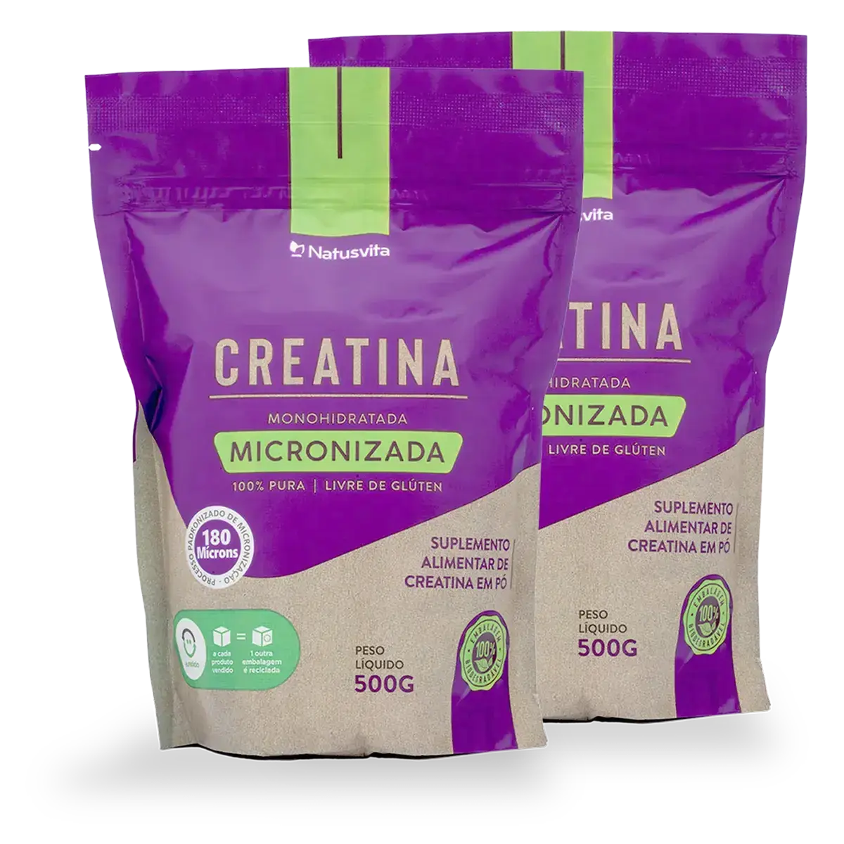 Creatina 100% Pura (500g). Monohidratada e Micronizada 180 mícrons. Livre de Metais Pesados NatusVita