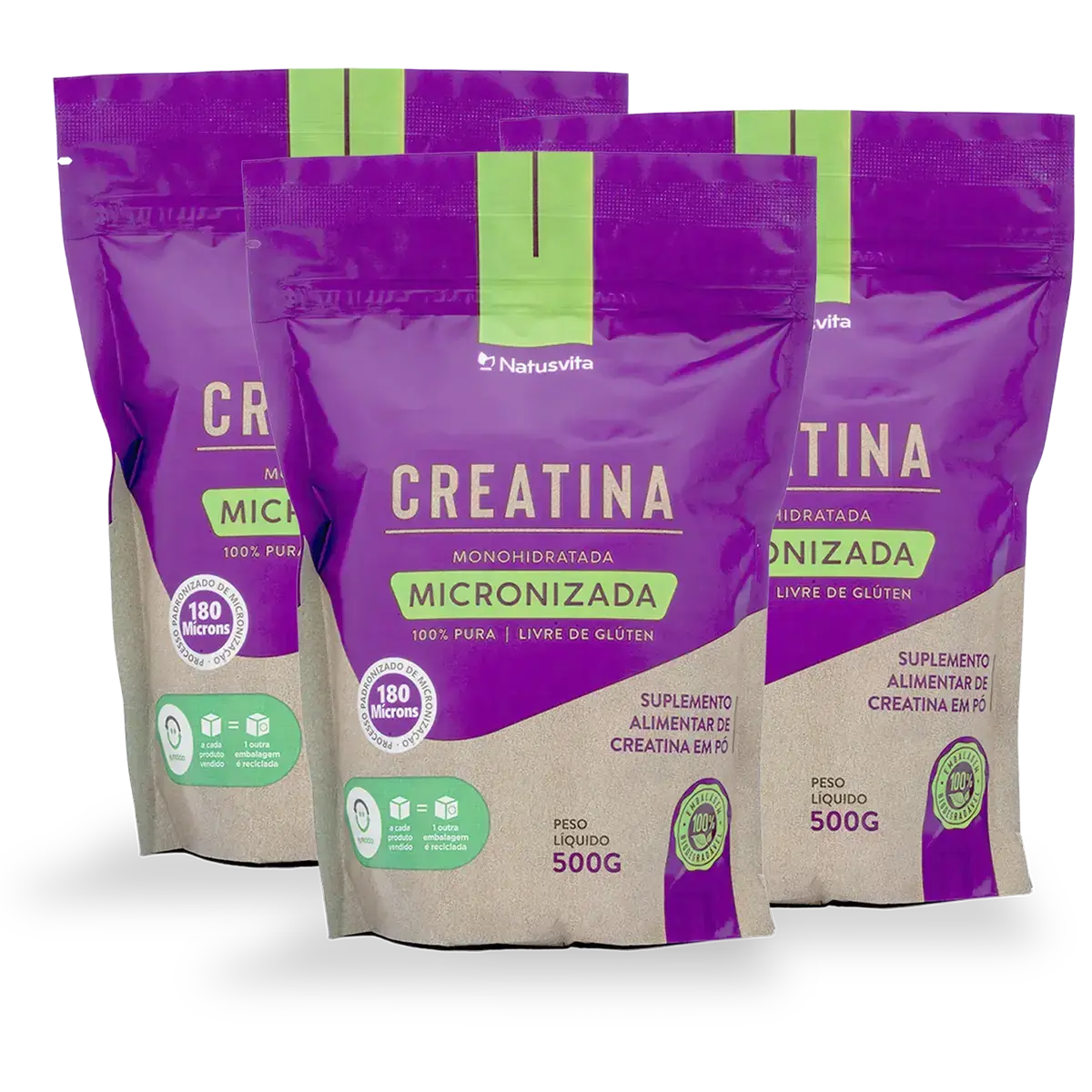 Creatina 100% Pura (500g). Monohidratada e Micronizada 180 mícrons. Livre de Metais Pesados NatusVita