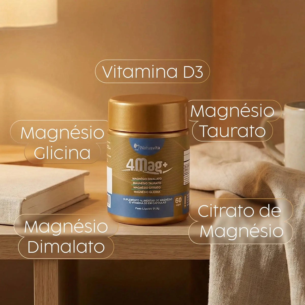 4MAG (Magnésio Glicina, Dimalato, Citrato e L-Taurato) 60 cápsulas NatusVita