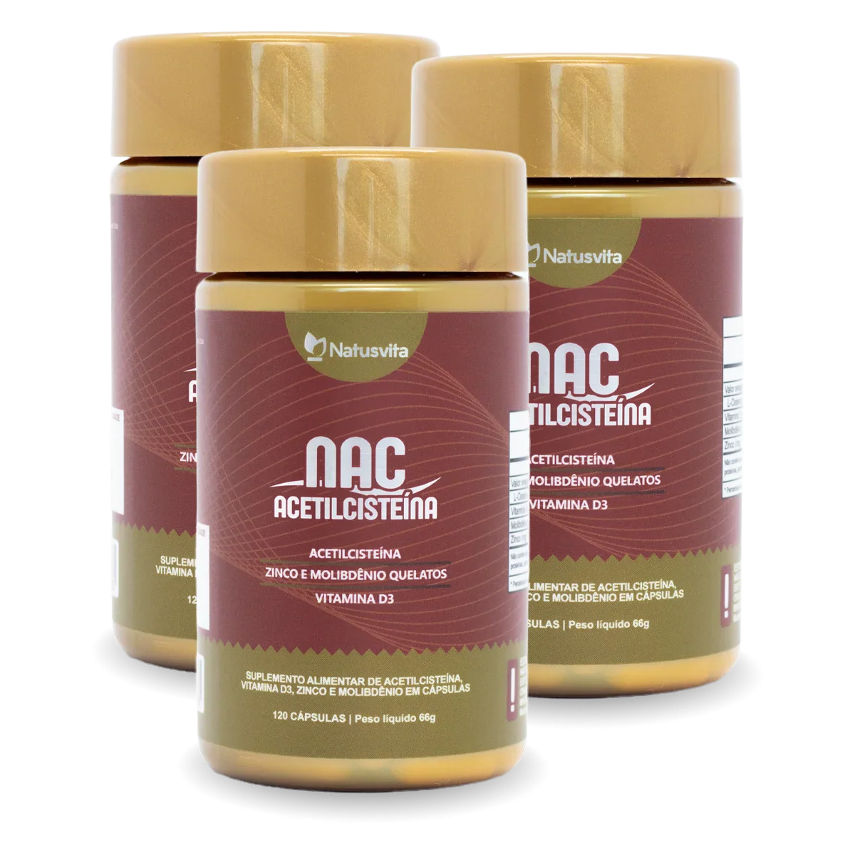NAC. 120 cápsulas. (N-Acetil Cisteína) com Zinco Quelato, Vitamina D3 e Molibdênio